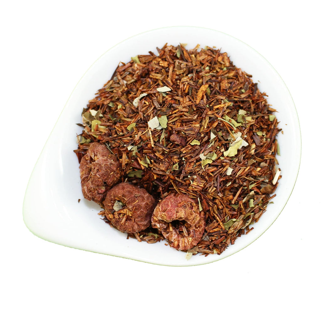a raspberry rooibos tea with blackberry leaves, moringa leaves, and natural flavours (organic compliant)
